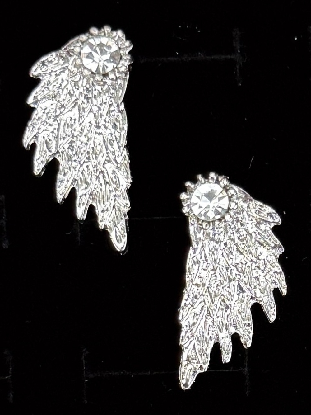 Silver Tone Wing Ear Jacket Clear Faceted Stone Pierced Earrings